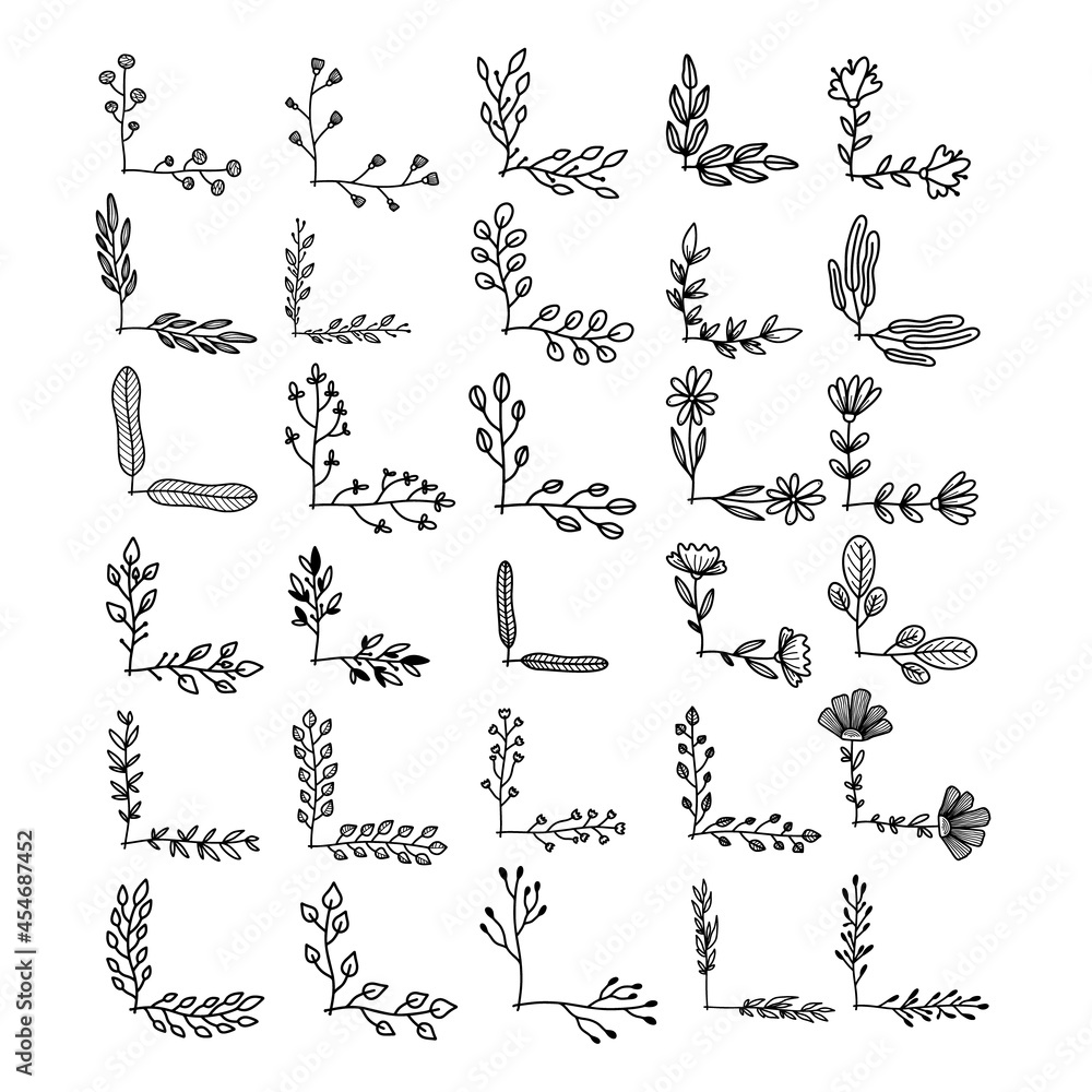 Fototapeta premium Set of hand drawn floral corners. Floral text dividers. Design element for greeting card, t shirt, poster. Vector illustration