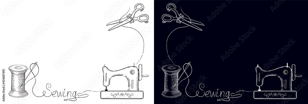 Two retro cards for advertising signs of fashion sewing workshop with hand drawn sewing needle in coil, sewing machine and inscription Two retro cards for advertising signs of fashion sewing workshop with hand drawn sewing needle in coil, sewing machine and inscription
