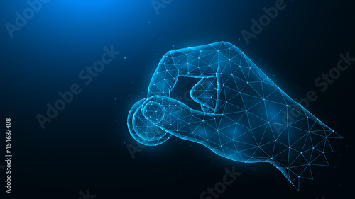Hand holds a coin polygonal vector illustration on a dark blue background. Investment or charity concept.