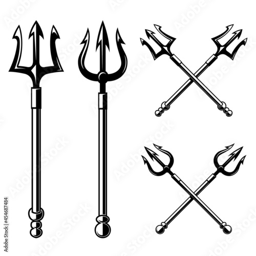 Set of the trident illustrations. Design element for logo, label, sign, emblem, poster. Vector illustration