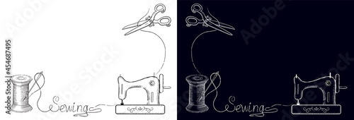 Two retro cards for advertising signs of fashion sewing workshop with hand drawn sewing needle in coil, sewing machine and inscription "Sewing". Needlework concept.