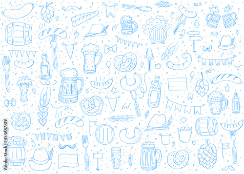 Oktoberfest 2021 - Beer Festival. Hand-drawn Doodle Elements. Blue-white rhombus. Set of elements.