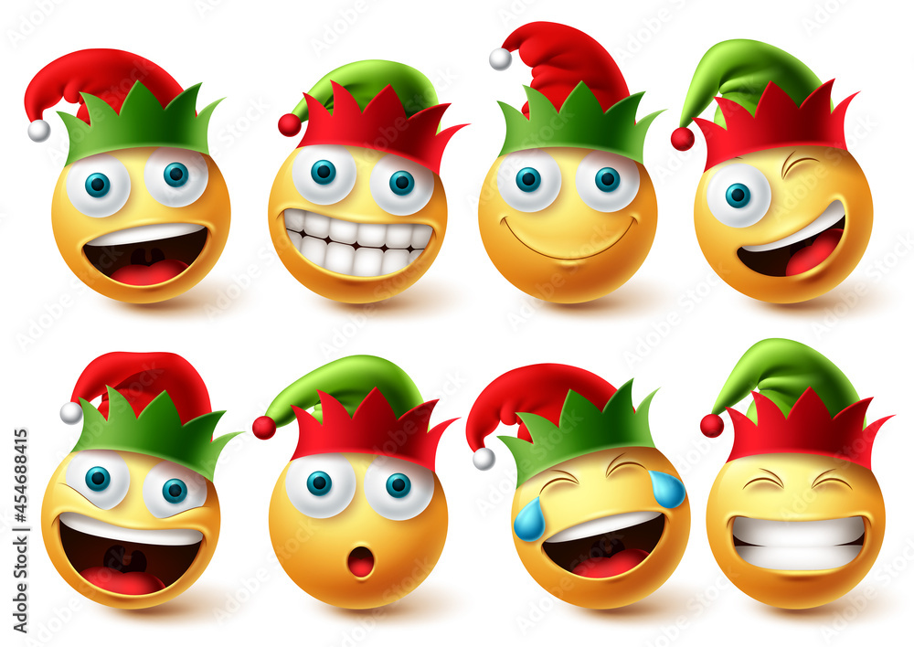 Christmas elfs emoji vector set. Emojis smiley wearing elf hat icon collection isolated in white 