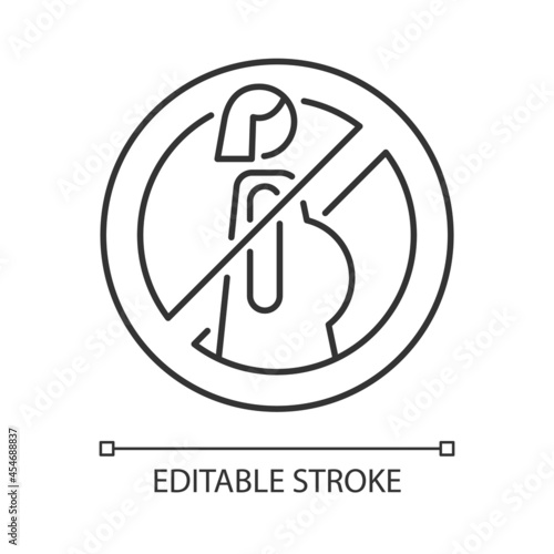 Do not use when pregnant linear manual label icon. Thin line customizable illustration. Contour symbol. Vector isolated outline drawing for product use instructions. Editable stroke