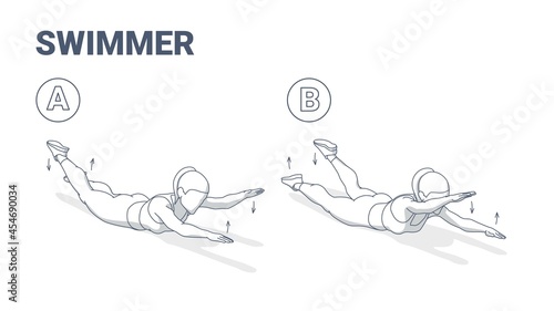 Swimmers Exercise Girl Fitness Home Workout Guidance Illustration. Lying Back Woman Exercise.