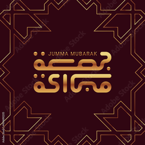 Greeting card with gold luxury kufic calligraphy Jumma Mubarak. Jumma Mubarak means blessed Friday in Arabic. Vector illustration.