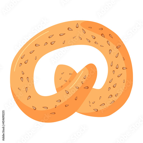Oktoberfest food. Tasty pretzel with seeds isolated on white background. Flat vector illustration