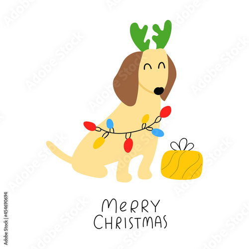 Merry Christmas. Dachshund wearing deer horns and wrapped in garland. Funny illustration on white background.