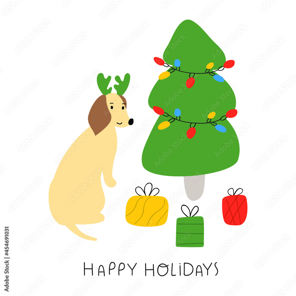 Cute Dachshund wearing deer horns and sitting close to Christmas tree. Funny illustration on white background.