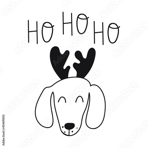 Ho ho ho. Dachshund with deer horns. Christmas concept. Outline vector illustration on white background.
