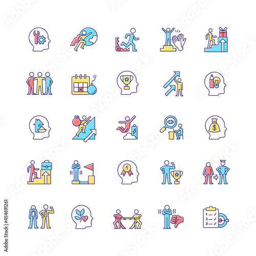 Motivation RGB color icons set. Goal accomplishment. Intrinsic and extrinsic motivation. Force to achieve aim. Isolated vector illustrations. Simple filled line drawings collection