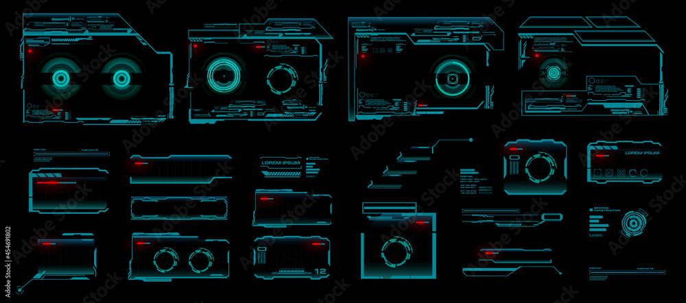 Set holographic neon frames. Concept design holographic monitor with description and HUD data for personal PC. Holographic frames and dialog callouts for video games UI, GUI, HUD - obrazy, fototapety, plakaty 