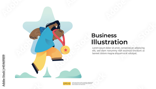 happy jumping person character with medal trophy on hand. prize reward for goal success target or business career achievement concept vector illustration