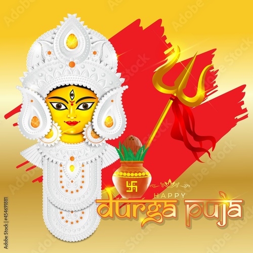 illustration of Goddess Durga Face in Happy Durga Puja Subh Navratri abstract background with text Durga puja means Durga Puja