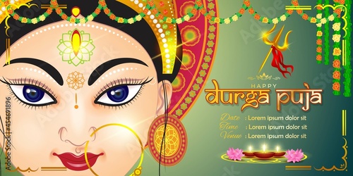 illustration of Goddess Durga Face in Happy Durga Puja Subh Navratri abstract background with text Durga puja means Durga Puja photo