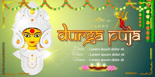 illustration of Goddess Durga Face in Happy Durga Puja Subh Navratri abstract background with text Durga puja means Durga Puja