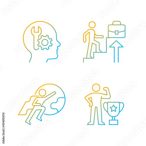 Motivation at work gradient linear vector icons set. Competence and attitude motivation. Dream of job promotion. Thin line contour symbols bundle. Isolated outline illustrations collection
