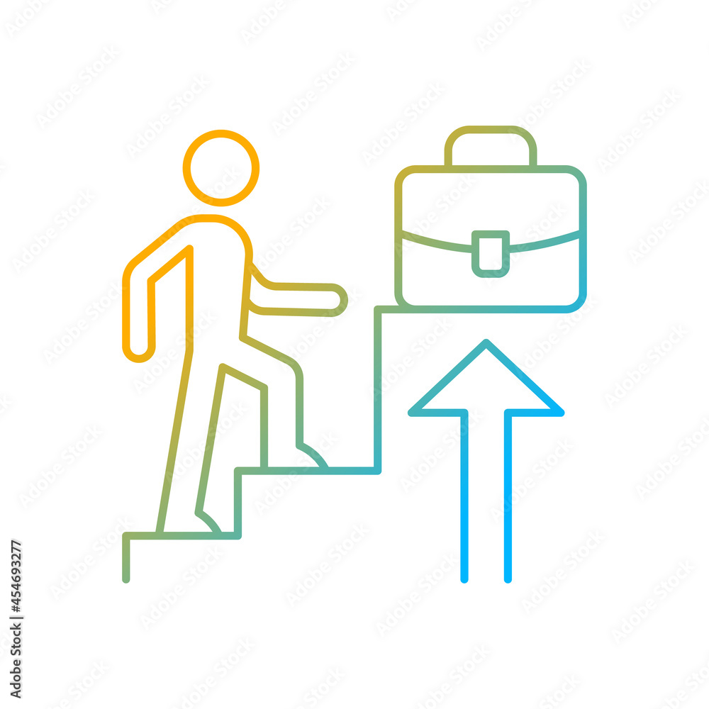 Promotion gradient linear vector icon. Career raise as motivation. Worker advancement as reward. Competition and award. Thin line color symbol. Modern style pictogram. Vector isolated outline drawing Promotion gradient linear vector icon. Career raise as motivation. Worker advancement as reward. Competition and award. Thin line color symbol. Modern style pictogram. Vector isolated outline drawing