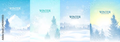 Winter Landscapes Set. Vector illustration. Mountain landscape. Travel concept of discovering. Hiking tourism. Adventure. Minimalist graphic posters. Polygonal flat design for coupons, vouchers, cards