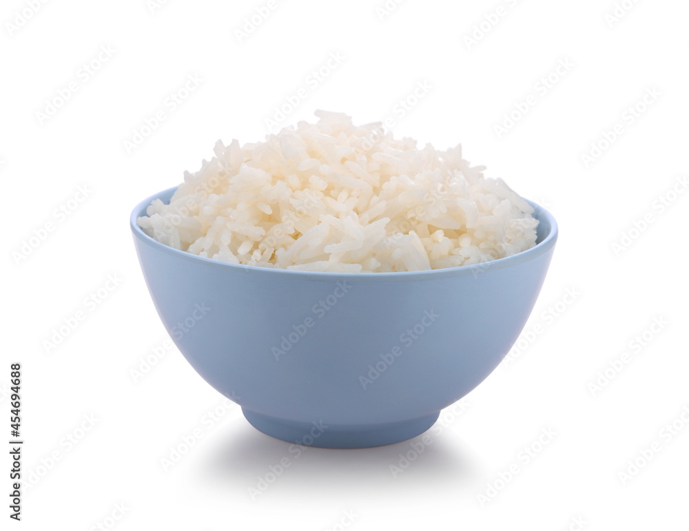 Rice in blue bowl on white background Rice in blue bowl on white background