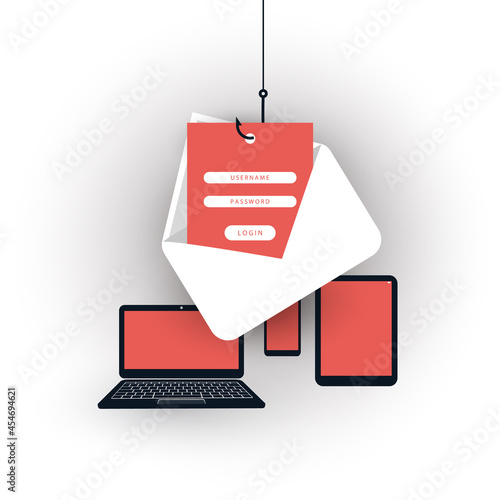 Internet Phishing, Account Hacking Attempt by Malicious Email - Hacker Activity, Data Theft, Hacked, Stolen Login Credentials and Password, Cyber Crime and Network Security Vector Concept Illustration