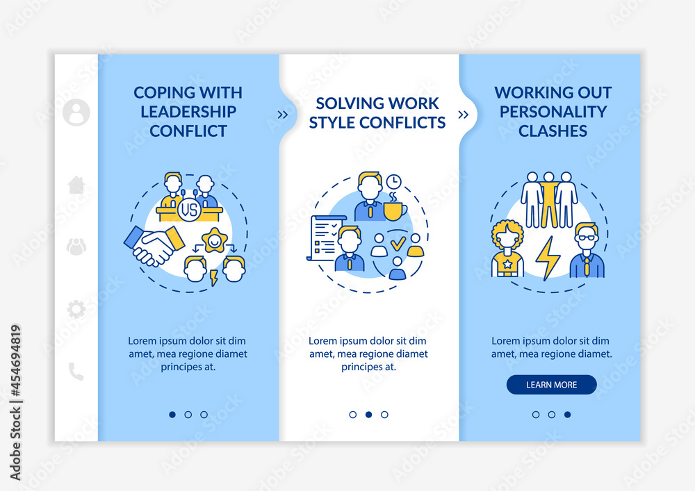 Resolving team conflicts onboarding vector template. Responsive mobile website with icons. Web page walkthrough 3 step screens. Communication color concept with linear illustrations