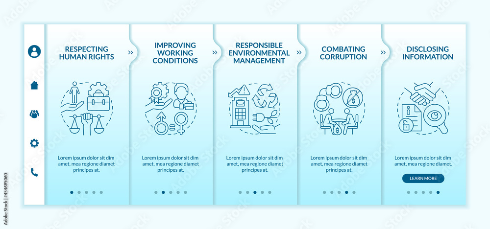 Corporate social responsibility issues blue gradient onboarding vector template. Responsive mobile website with icons. Web page walkthrough 5 step screens. Color concept with linear illustrations