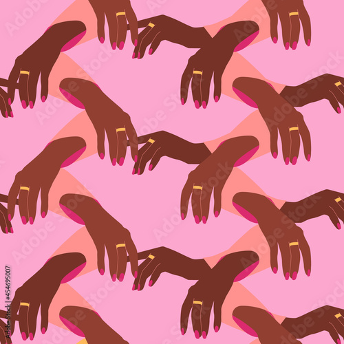 Bright seamless pattern with the image of elegant female hands. For decorating textiles and wallpaper.