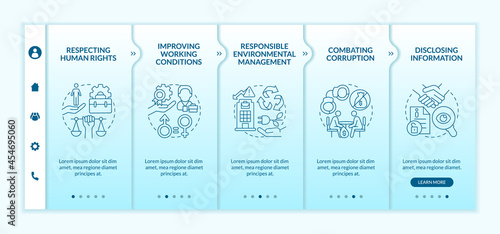 Corporate social responsibility issues blue gradient onboarding vector template. Responsive mobile website with icons. Web page walkthrough 5 step screens. Color concept with linear illustrations