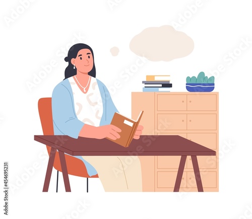 Person reading paper book and dreaming. Dreamy thoughtful woman holding literature and imagining smth. in thought bubble. Happy female reader. Flat vector illustration isolated on white background