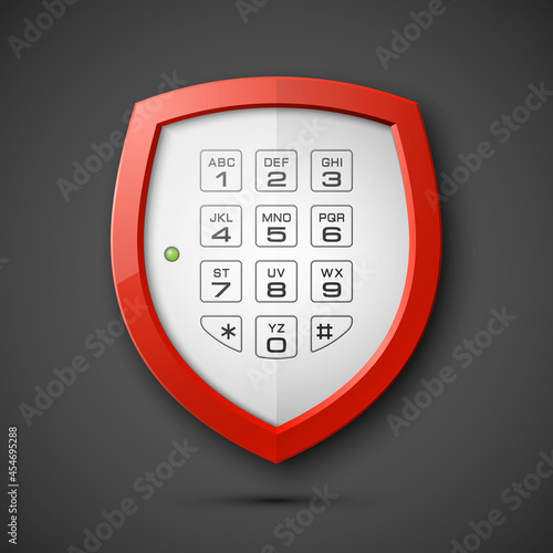 Shield with electronic Combination Lock isolated. Defense sign & PIN code entry panel. Protection concept. Safety badge shield icon. Privacy banner. Security label. Presentation sticker shield tag © volonoff