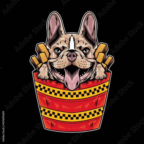 Vector Illustration of french bulldog with funny fast food cartoon style in black background. Good for logo, background, t shirt