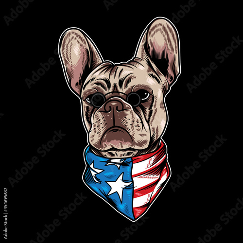 Vector Illustration of french bulldog with cool american flag cartoon style in black background. Good for logo, background, t shirt
