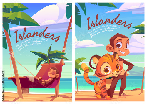 Islanders cartoon posters with monkey and tiger cub funny wild animals, island inhabitants predator and herbivorous on tropical seaside with palm trees, cute ape relax on hammock, vector illustration