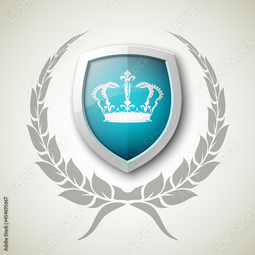 Protected wreath crown shield concept. Safety badge protection garland icon. Privacy corona banner shield. Security label Defense tag. Crown sticker shield. Defense safeguard sign. wreath badge