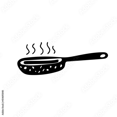 Black and white illustration of a skillet, kitchen ware, utensils. Doodle vector design for web and print. 