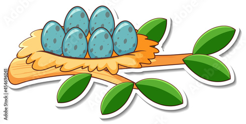Sticker design with eggs in bird nest isolated