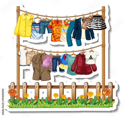 A sticker template of Clothes racks with many clothes on hangers on white bac...