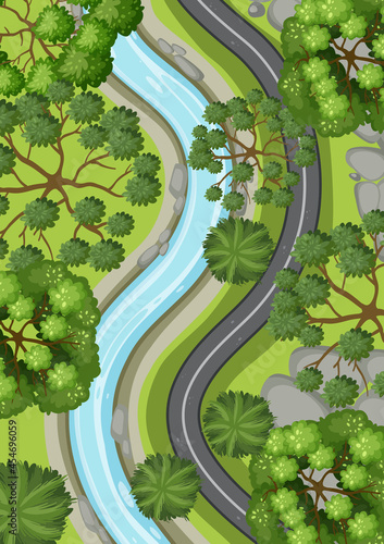 Aerial view with long road and river through the forest landscape