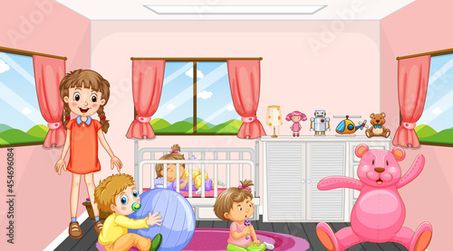 Pink bedroom scene with a girl and babies © GraphicsRF