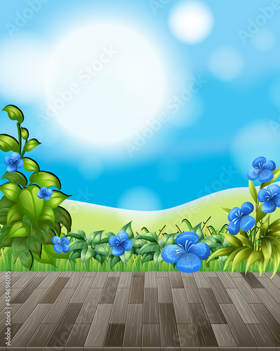 Nature background with flower field and green grass