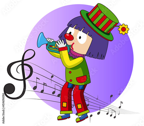 Cartoon character of a clown plays trumpet with musical melody symbols