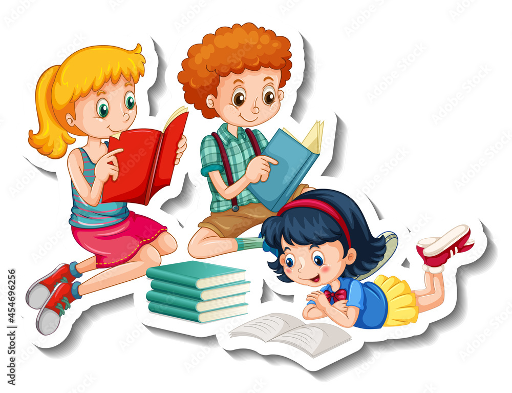 Sticker template with children reading their books on white background Sticker template with children reading their books on white background