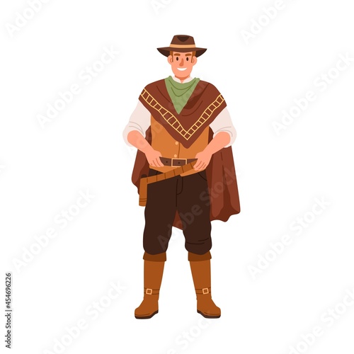 Portrait of happy smiling cowboy in hat standing in retro western outfit. American man from wild west with hands on belt and holster with weapon. Flat vector illustration isolated on white background