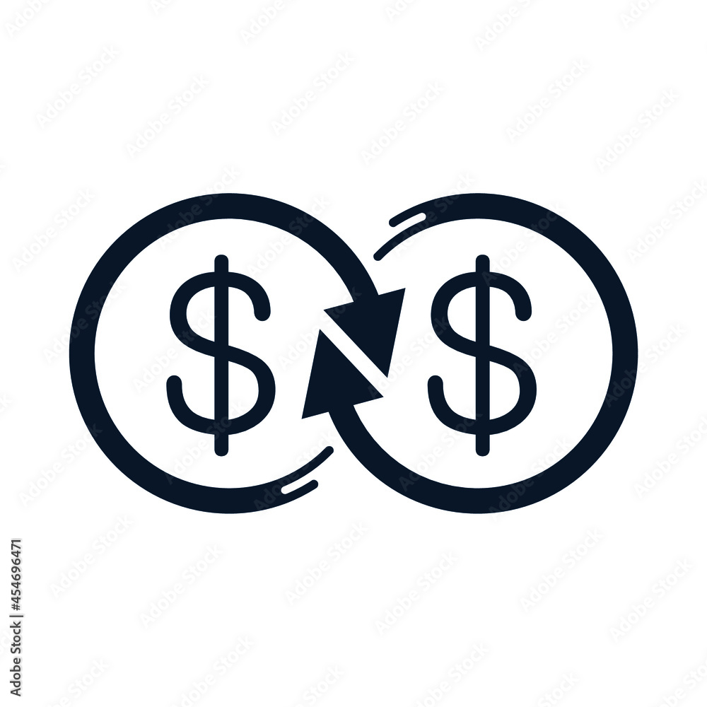 Arrows in a circle, dollar. Capital merger concept, mutual benefit. Vector icon isolated on white background. Arrows in a circle, dollar. Capital merger concept, mutual benefit. Vector icon isolated on white background.