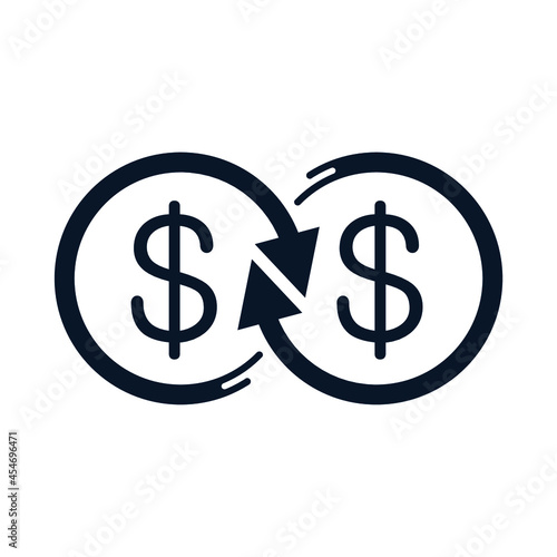 Arrows in a circle, dollar. Capital merger concept, mutual benefit. Vector icon isolated on white background.