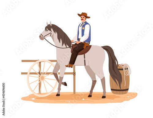 Western cowboy in hat sitting horseback and riding. Wild West horseman on horse back. American rodeo equestrian rider with weapon. Flat graphic vector illustration isolated on white background