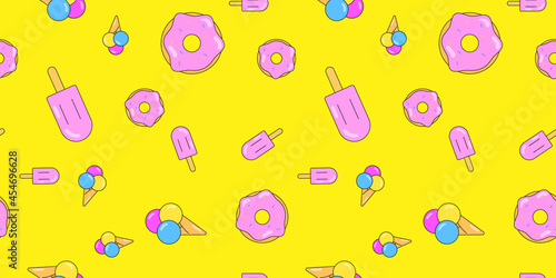 Donuts and ice cream seamless pattern. Vector background from sweet pastries for design. Pastry concept.