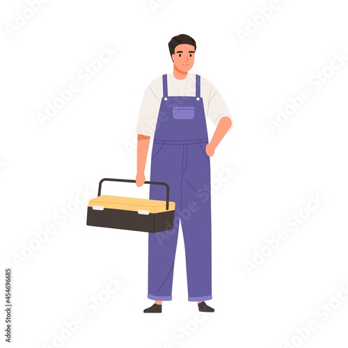 Repairman in overall portrait. Master standing with toolbox. Professional home worker. Handyman in uniform. Workman for emergency repair service. Flat vector illustration isolated on white background