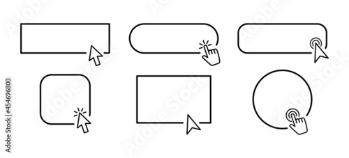 Click Buttons set. Click here web buttons template. Set of action buttons with cursor and hand pointer. Pointer click. Vector illustration.